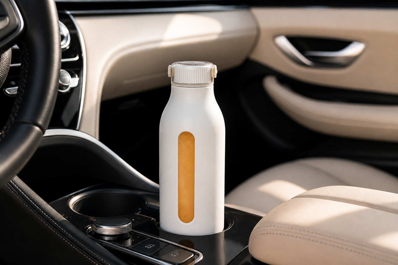 White bottle with a yellow label on a car's cup holder