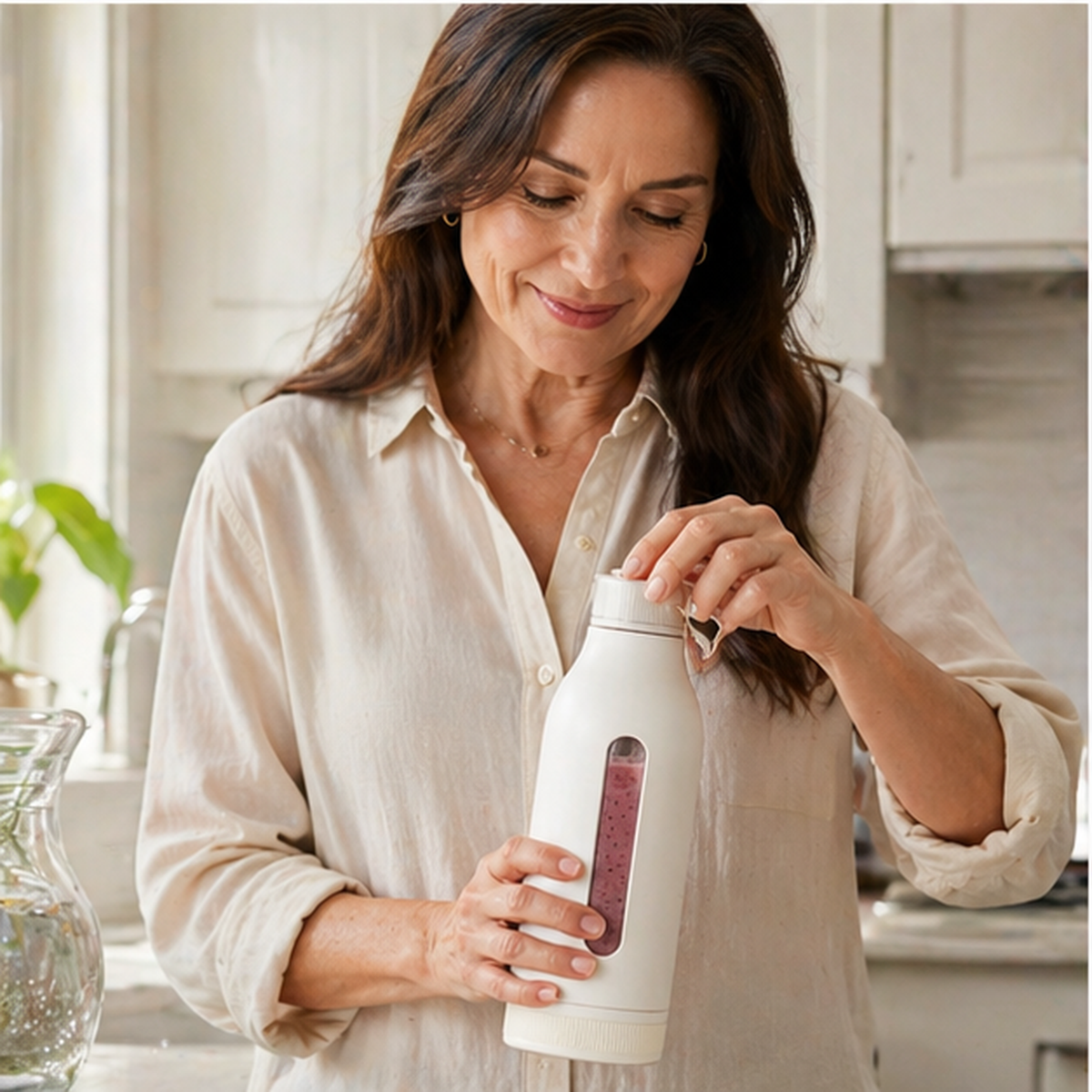Woman holding a white water bottle with a clear lid in a kitchen setting