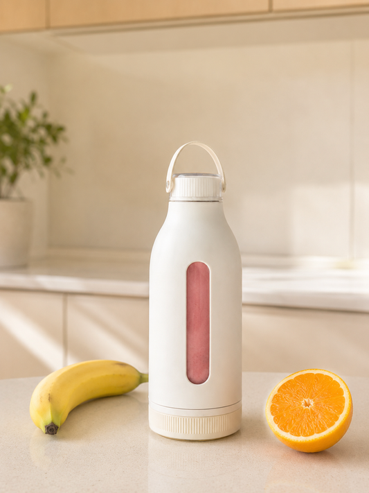 White water bottle with a pink label on a kitchen counter with a banana and orange.