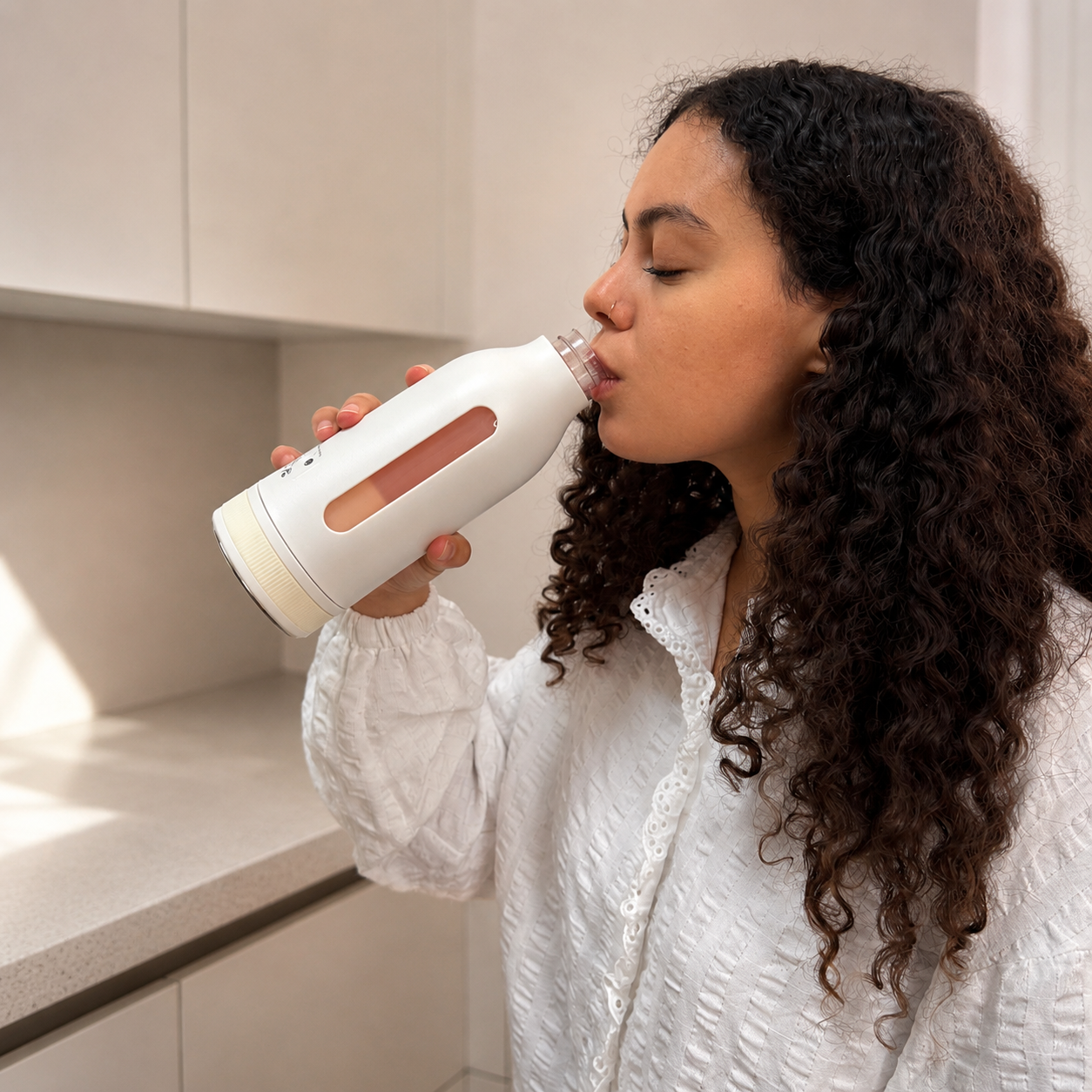 Woman drinking from a white tumbler in a kitchen setting